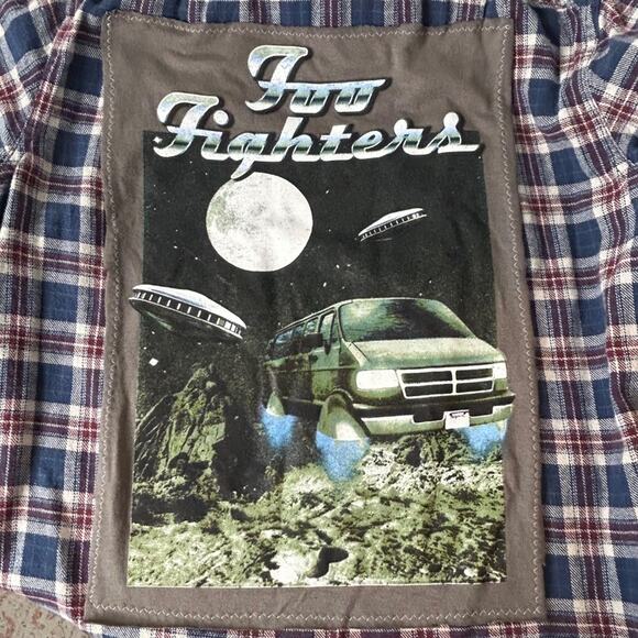 Foo Fighters Upcycled Plaid Shirt Frayed Calabasas Malibu Large NWT - Picture 4 of 11